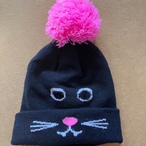 GERTEX Black Kitty Cat Face Beanie Hat Pink PomPom Sz 4-6x Whimsical Sweet Cute